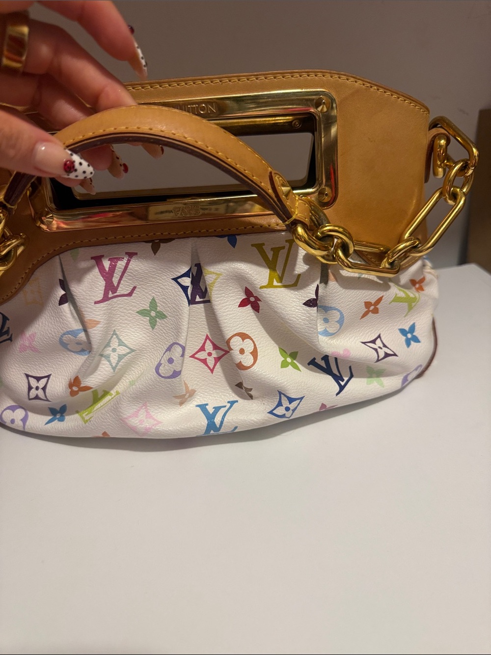 Authentic!! Louis Vuitton White Multicolor Monogram Canvas Clutch with Tan Trim - Picture 12 of 14